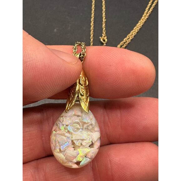 SOLID 14k Yellow Gold Filled Floating Opal Chip Pendant w/ 1/20 12K Necklace - Picture 10 of 16